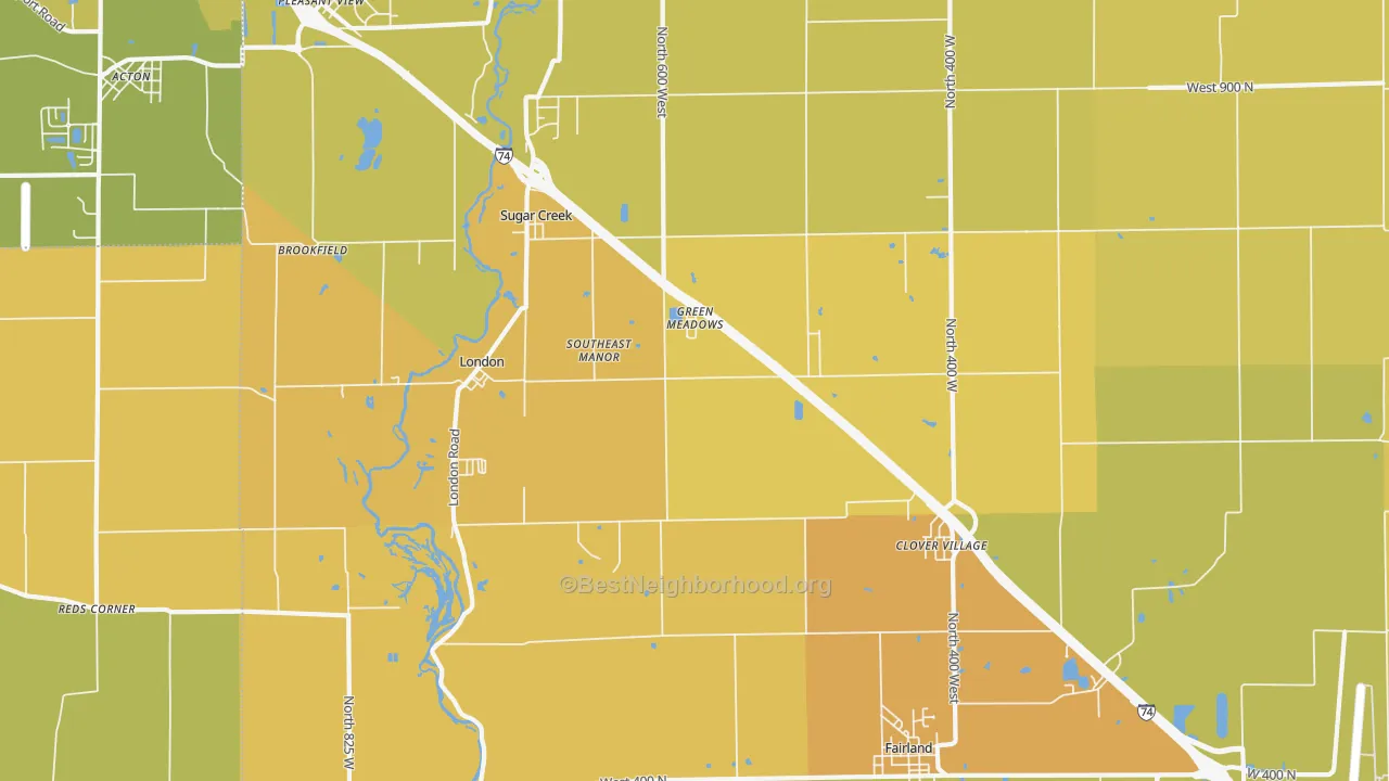 Map of the best neighborhoods in the Fairland area, with better matches in green and worse matches in red