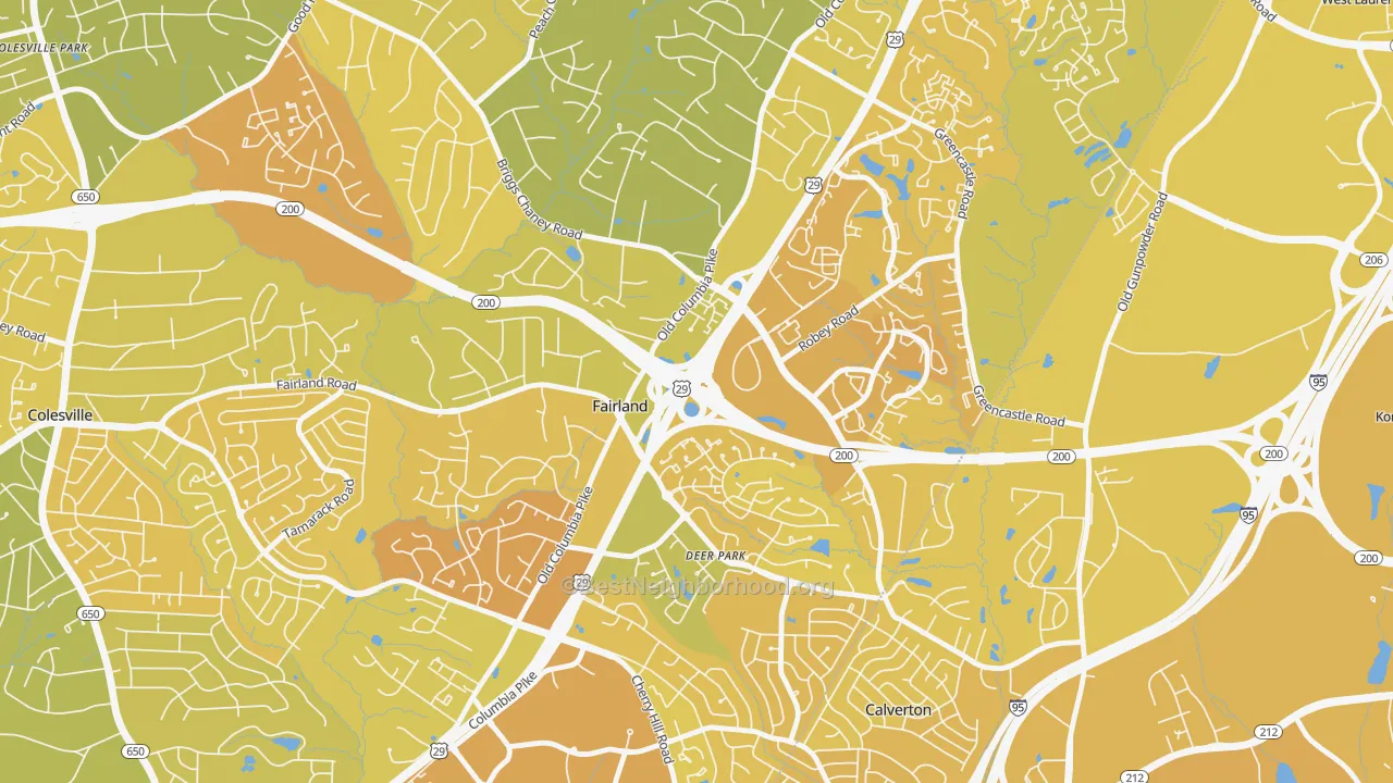 Map of the best neighborhoods in the Fairland area, with better matches in green and worse matches in red