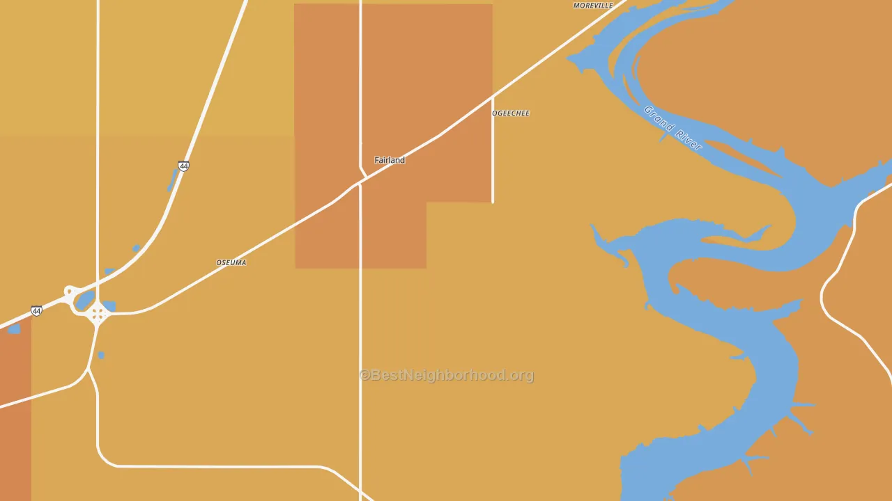 Map of the best neighborhoods in the Fairland area, with better matches in green and worse matches in red