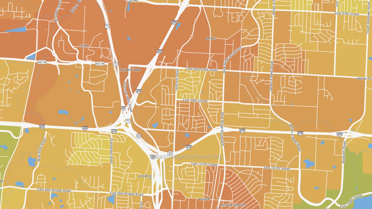 Map of the best neighborhoods in the Fairlane, Kansas City area, with better matches in green and worse matches in red