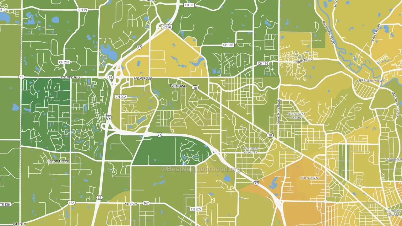 Map of the best neighborhoods in the Fairlawn area, with better matches in green and worse matches in red