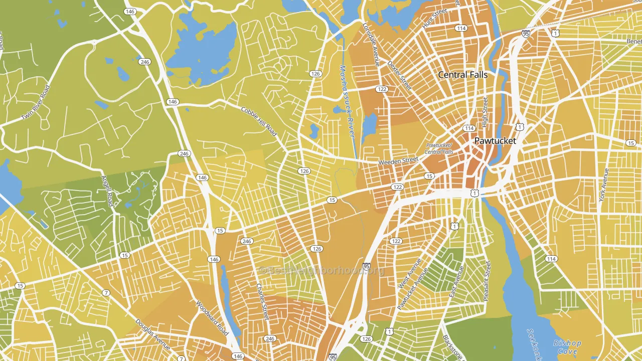 Map of the best neighborhoods in the Fairlawn, Pawtucket area, with better matches in green and worse matches in red