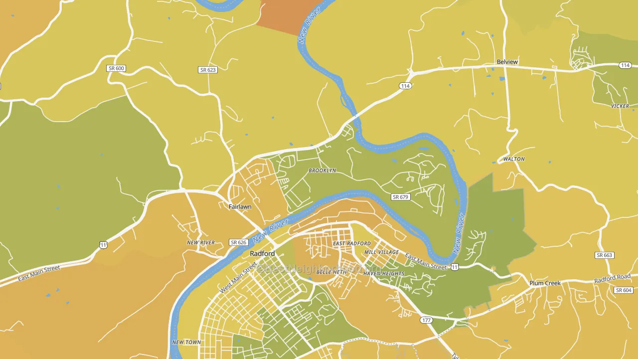 Map of the best neighborhoods in the Fairlawn area, with better matches in green and worse matches in red