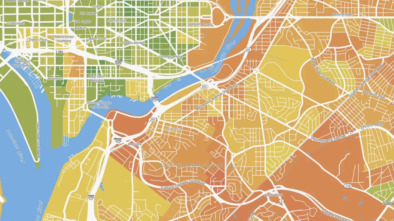 Map of the best neighborhoods in the Fairlawn, Washington area, with better matches in green and worse matches in red