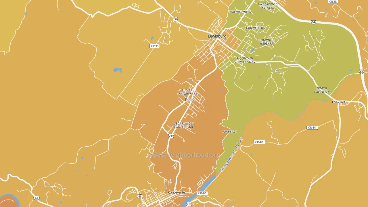 Map of the best neighborhoods in the Fairlea area, with better matches in green and worse matches in red