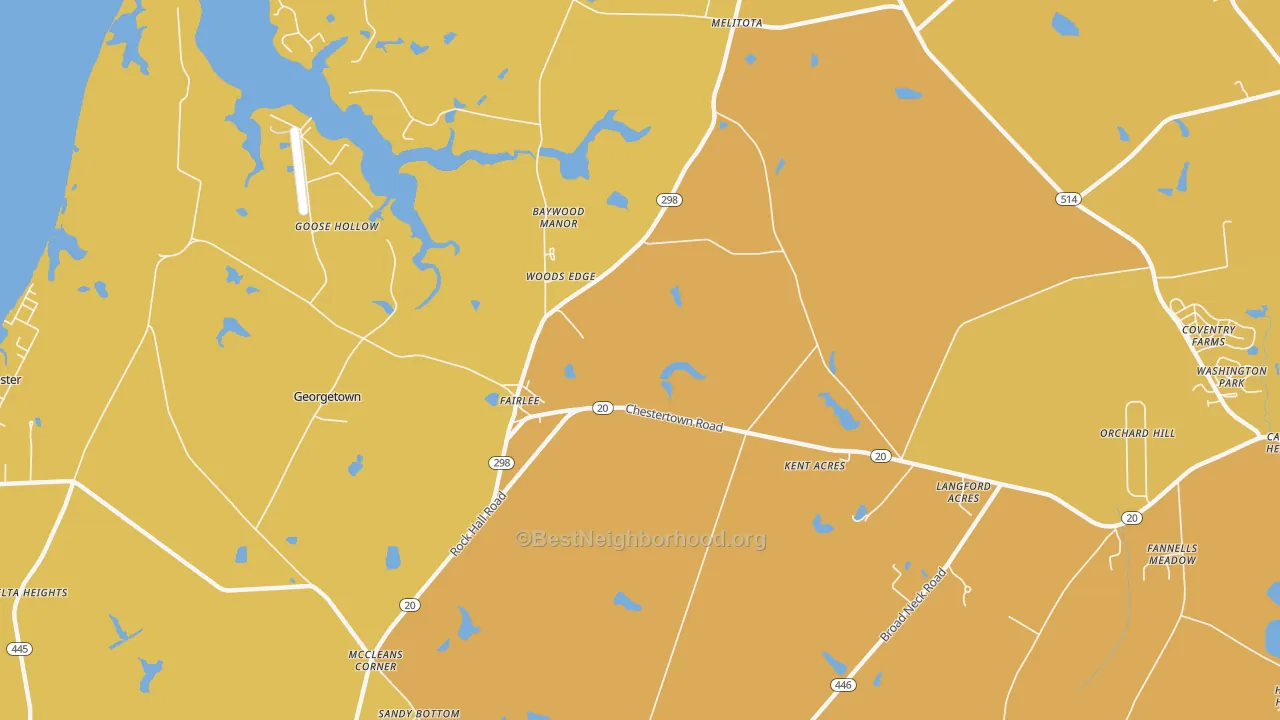 Map of the best neighborhoods in the Fairlee area, with better matches in green and worse matches in red