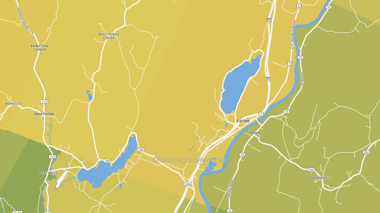 Map of the best neighborhoods in the Fairlee area, with better matches in green and worse matches in red