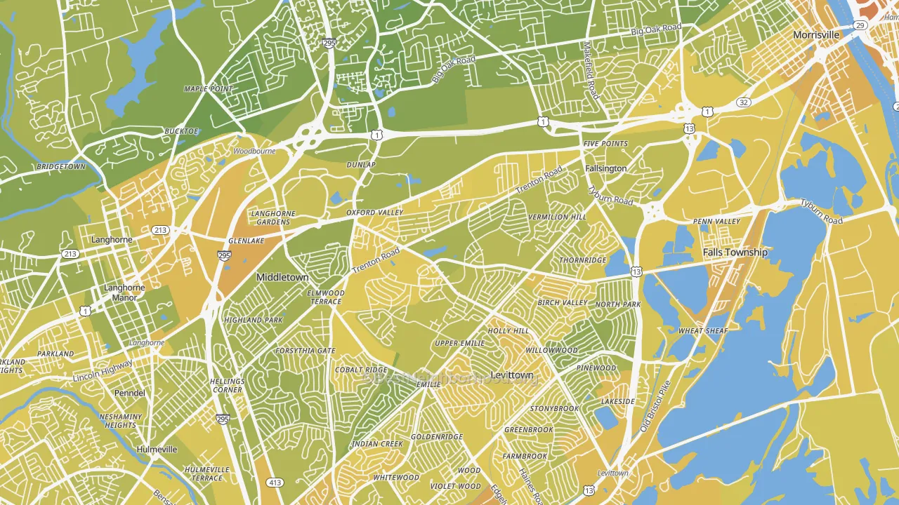 Map of the best neighborhoods in the Fairless Hills area, with better matches in green and worse matches in red