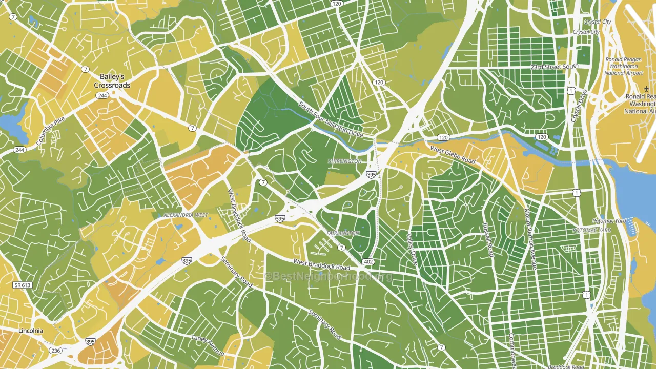 Map of the best neighborhoods in the Fairlington-Shirlington, Arlington area, with better matches in green and worse matches in red