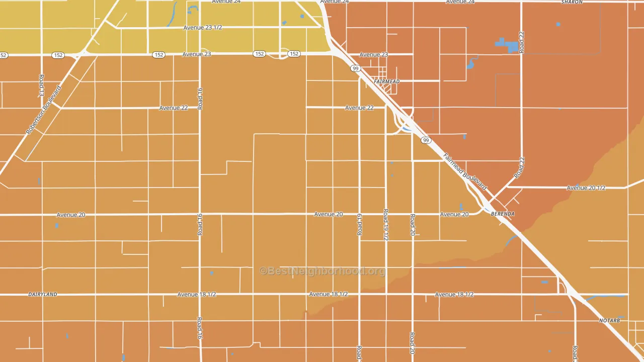 Map of the best neighborhoods in the Fairmead area, with better matches in green and worse matches in red