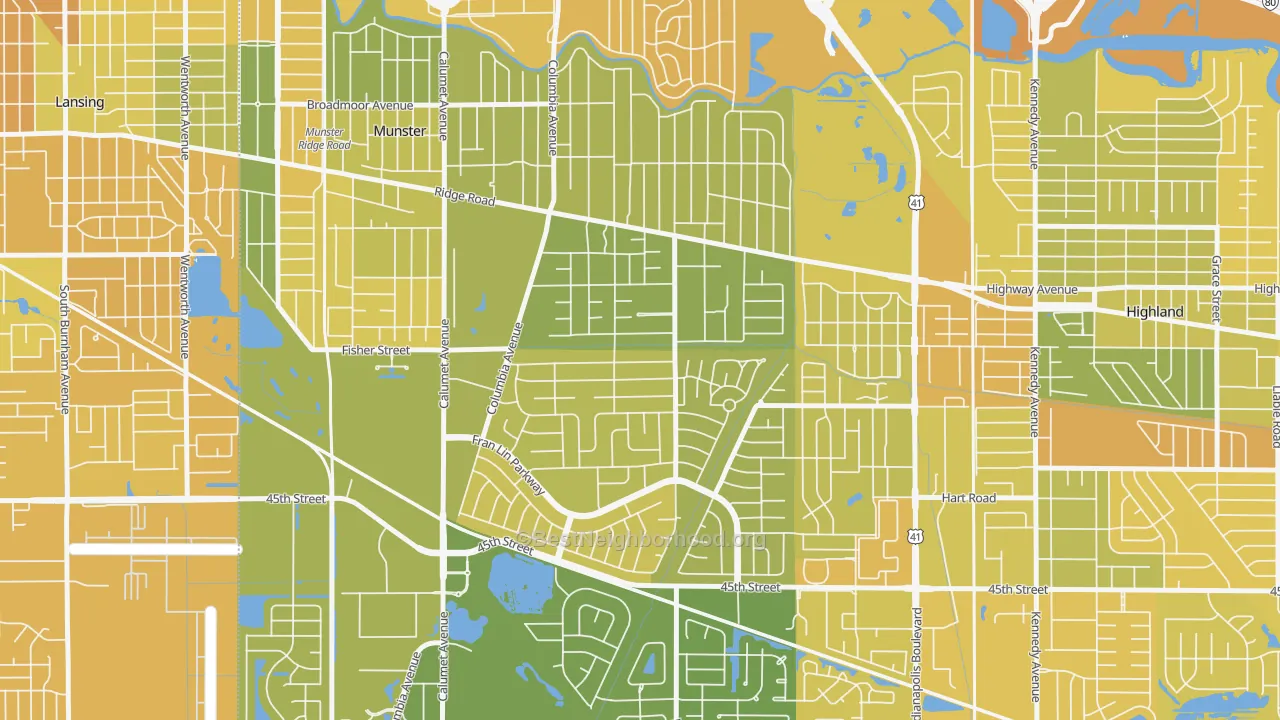 Map of the best neighborhoods in the Fairmeadow, Munster area, with better matches in green and worse matches in red