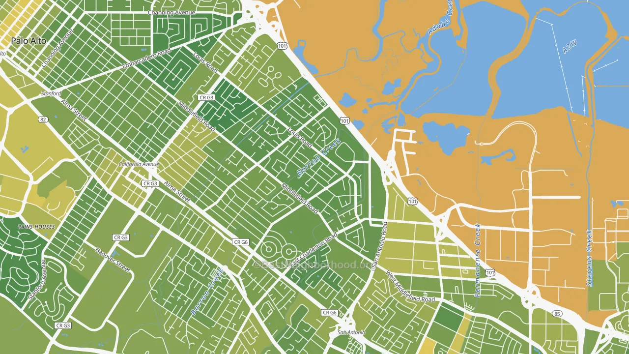 Map of the best neighborhoods in the Fairmeadow, Palo Alto area, with better matches in green and worse matches in red