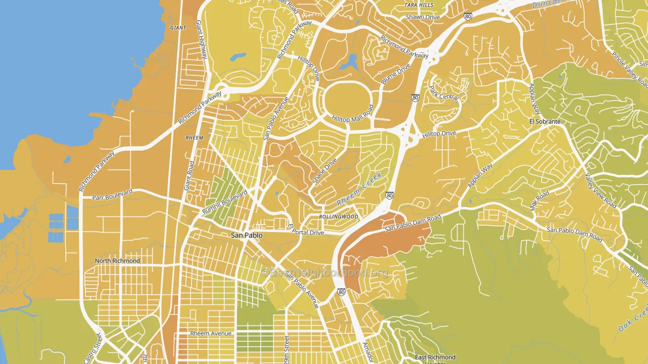 Map of the best neighborhoods in the Fairmede-Hilltop, San Pablo area, with better matches in green and worse matches in red