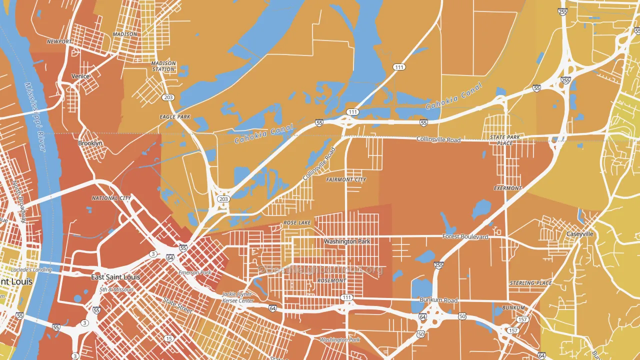 Map of the best neighborhoods in the Fairmont City area, with better matches in green and worse matches in red