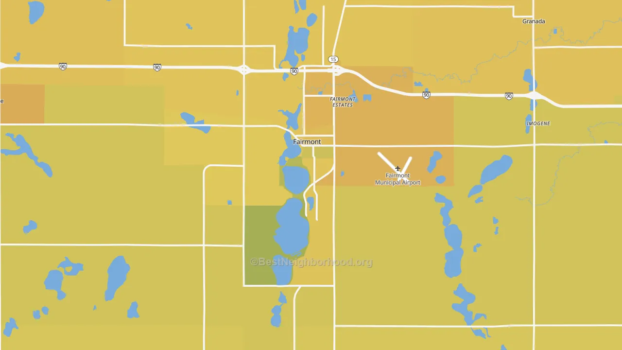 Map of the best neighborhoods in the Fairmont area, with better matches in green and worse matches in red