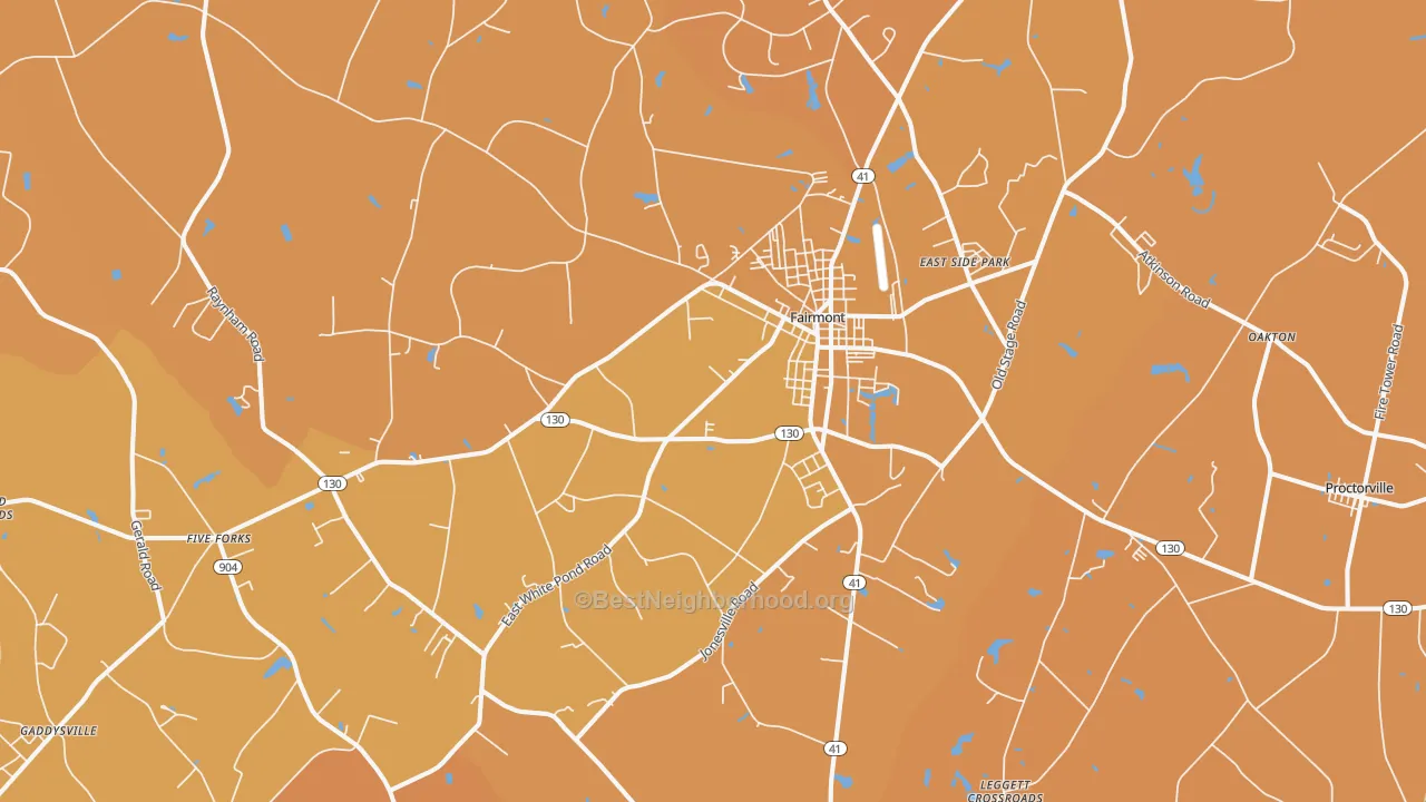Map of the best neighborhoods in the Fairmont area, with better matches in green and worse matches in red