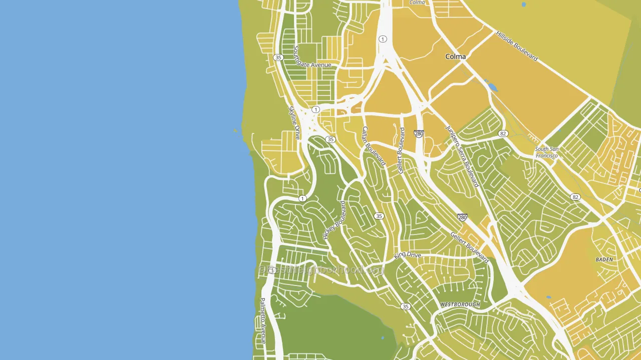 Map of the best neighborhoods in the Fairmont, Pacifica area, with better matches in green and worse matches in red