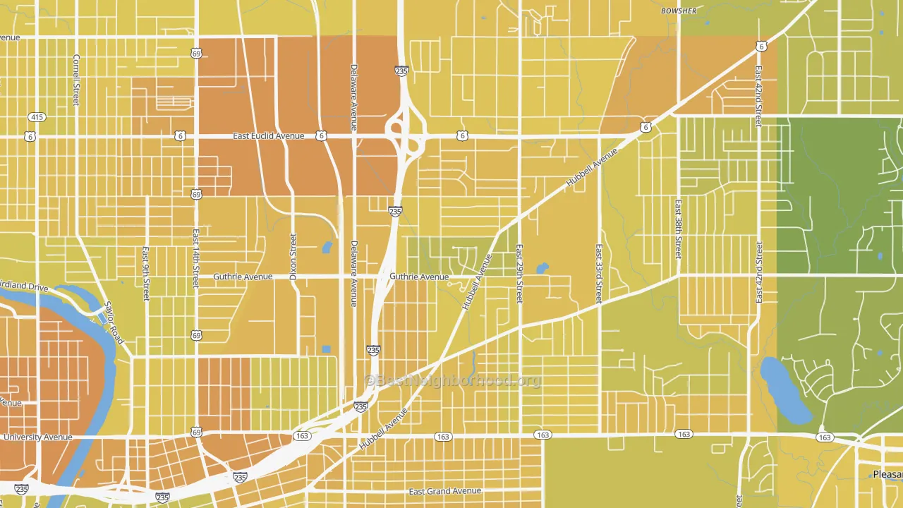 Map of the best neighborhoods in the Fairmont Park, Des Moines area, with better matches in green and worse matches in red
