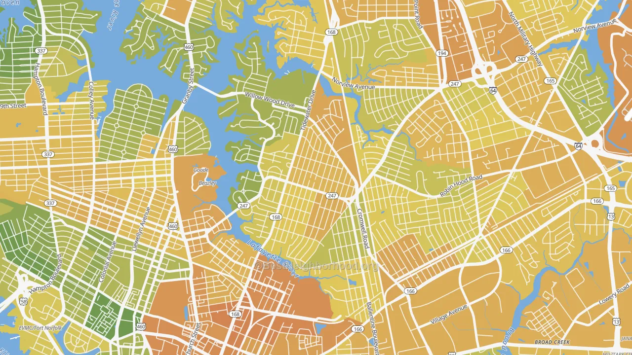 Map of the best neighborhoods in the Fairmont Park, Norfolk area, with better matches in green and worse matches in red