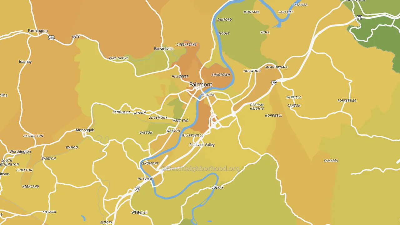 Map of the best neighborhoods in the Fairmont area, with better matches in green and worse matches in red