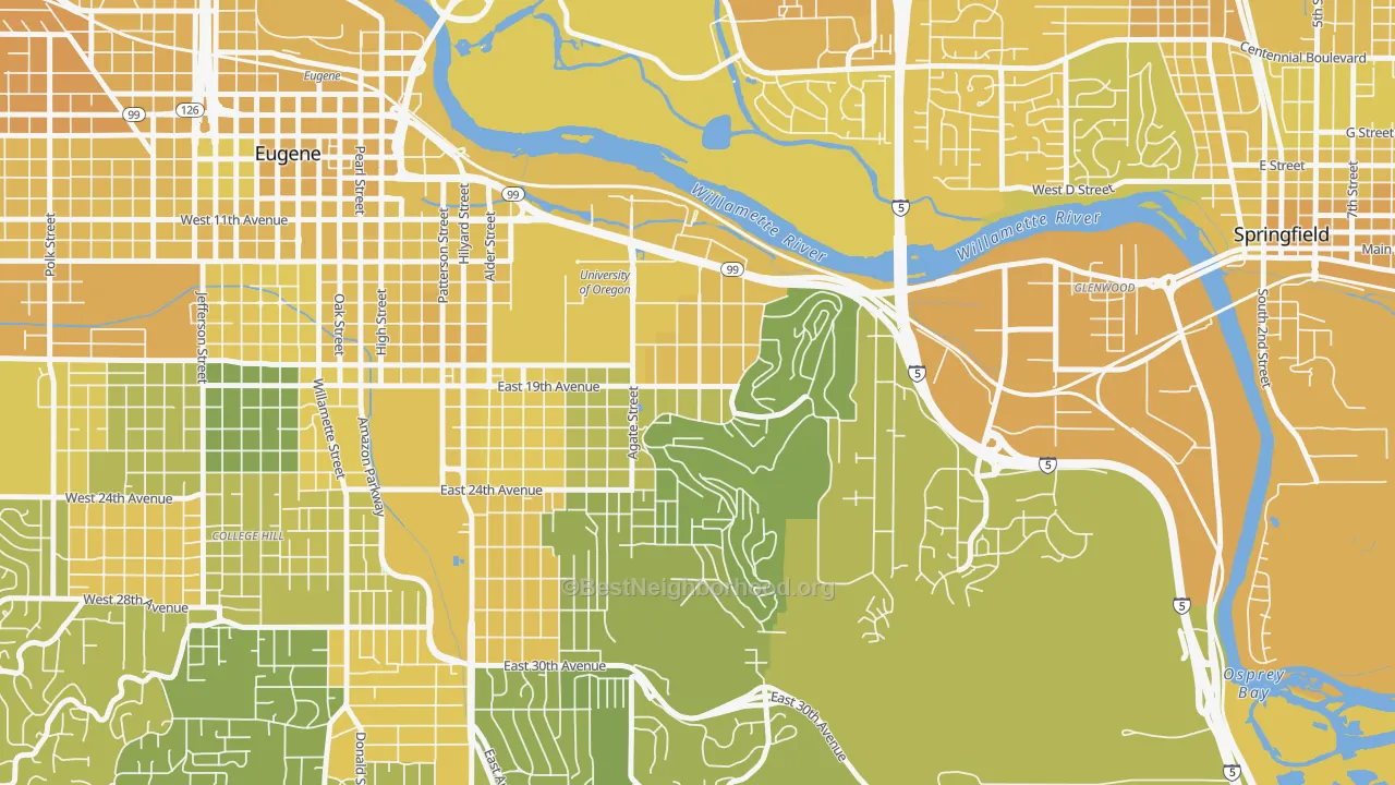 Map of the best neighborhoods in the Fairmount, Eugene area, with better matches in green and worse matches in red
