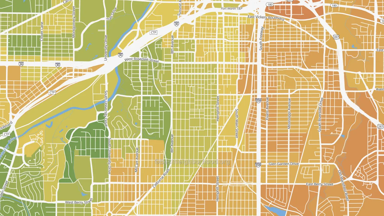 Map of the best neighborhoods in the Fairmount, Fort Worth area, with better matches in green and worse matches in red