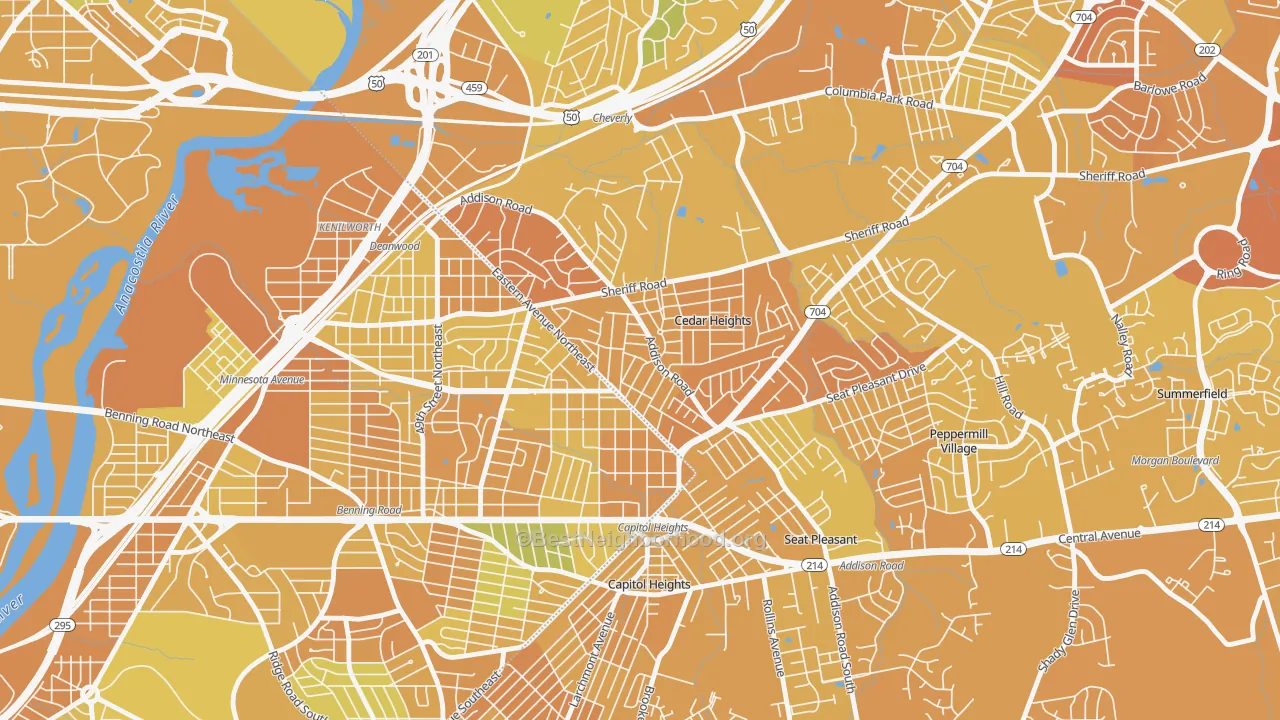 Map of the best neighborhoods in the Fairmount Heights area, with better matches in green and worse matches in red