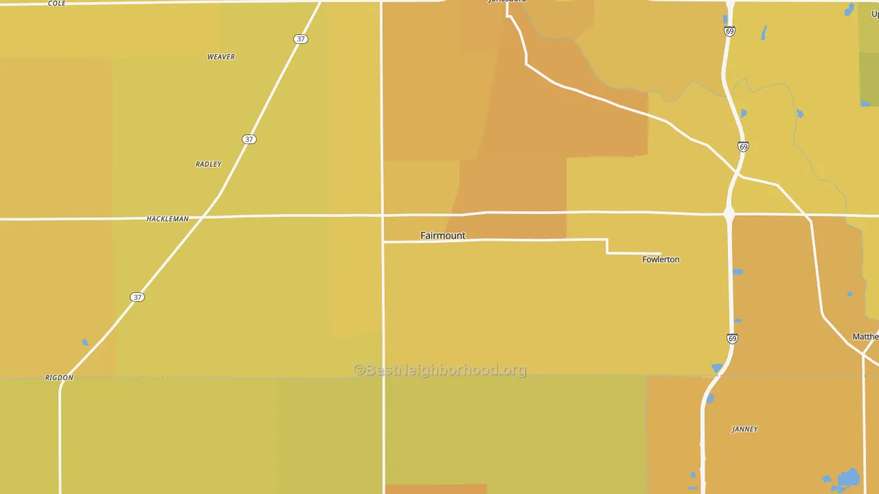 Map of the best neighborhoods in the Fairmount area, with better matches in green and worse matches in red