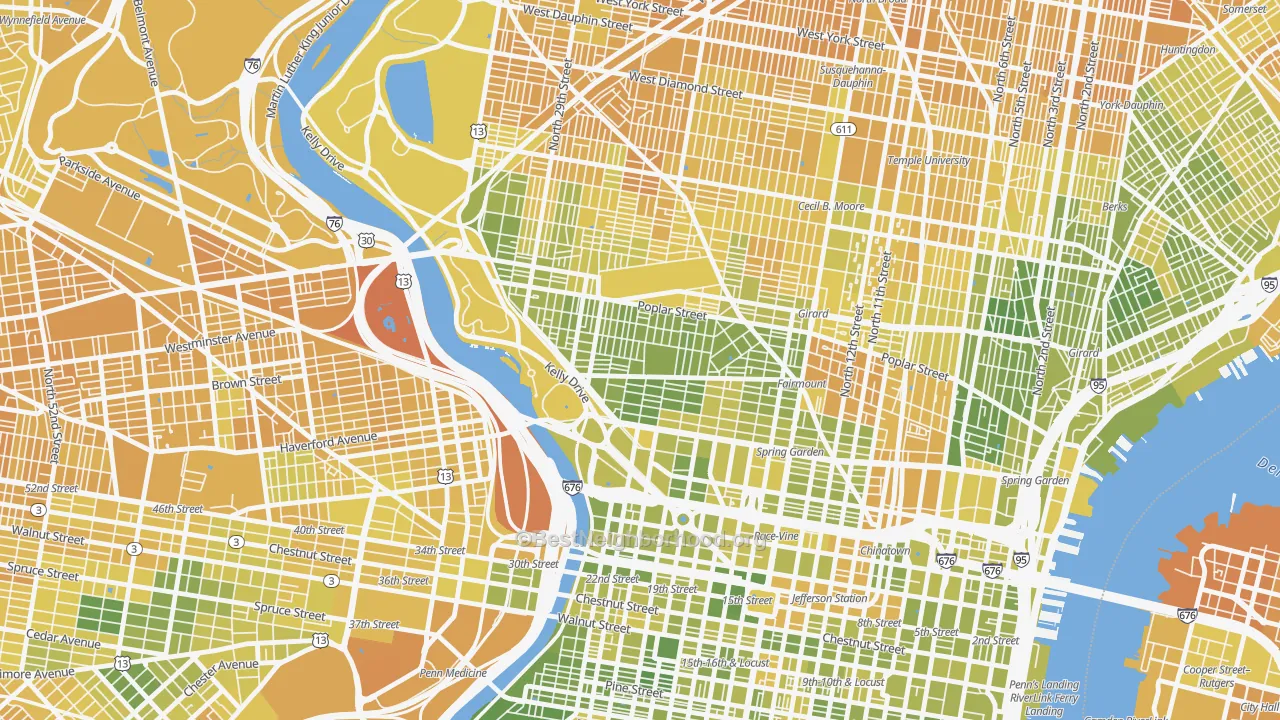 Map of the best neighborhoods in the Fairmount, Philadelphia area, with better matches in green and worse matches in red