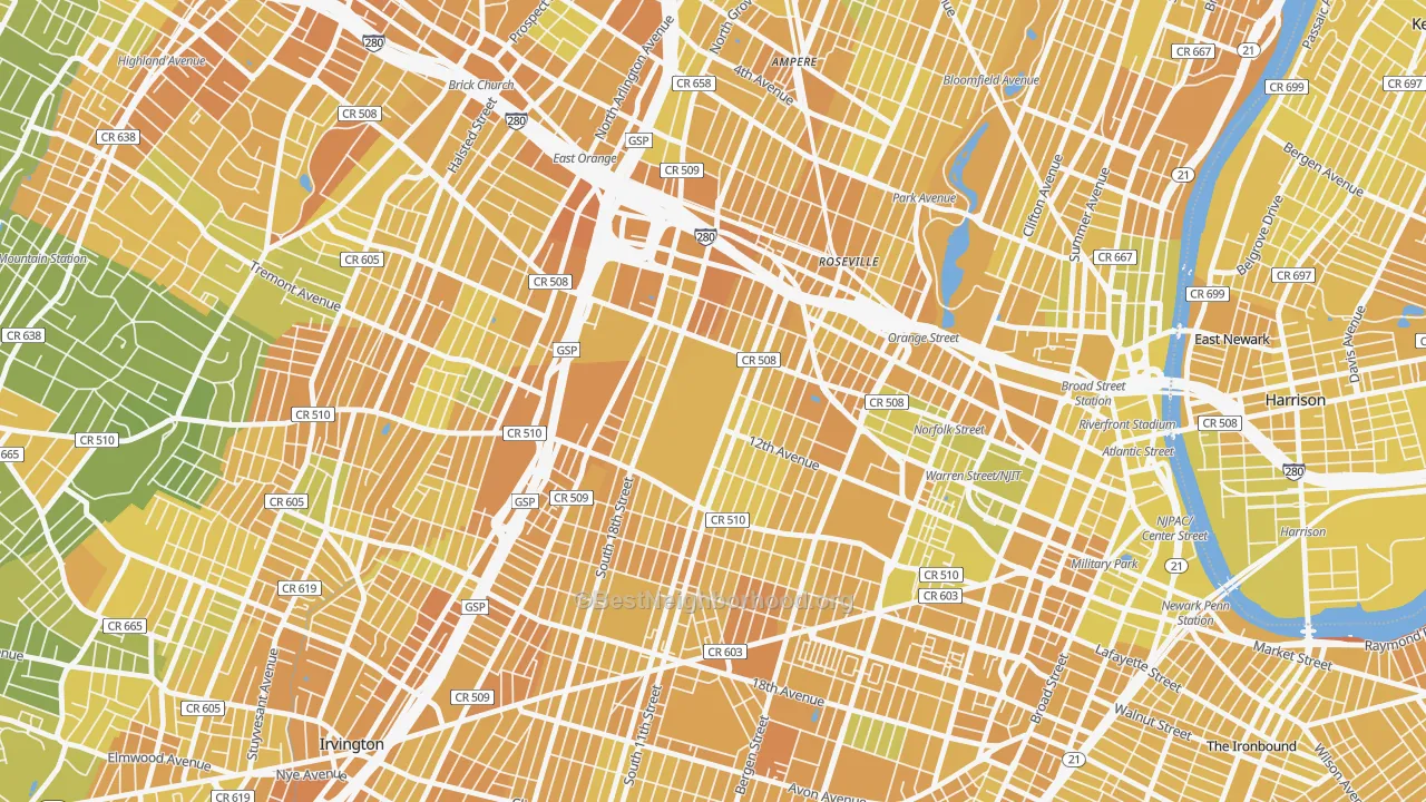 Map of the best neighborhoods in the Fairmuont, Newark area, with better matches in green and worse matches in red