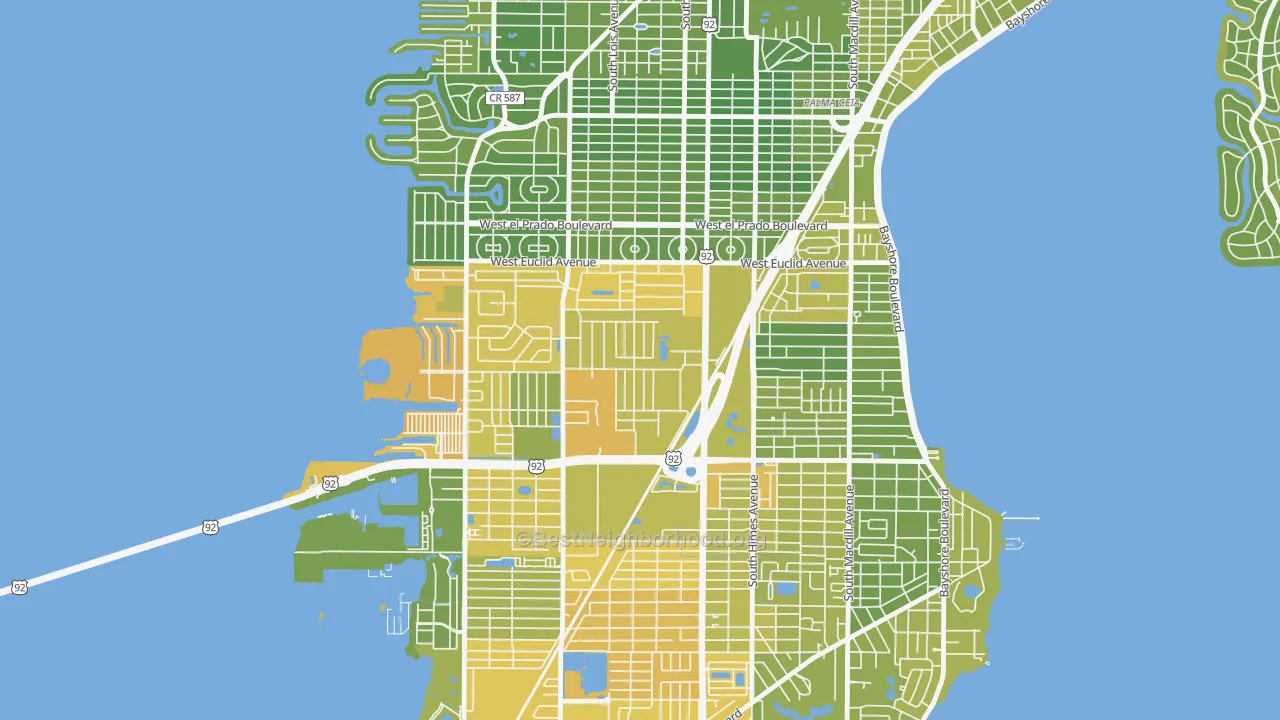 Map of the best neighborhoods in the Fairoaks, Tampa area, with better matches in green and worse matches in red