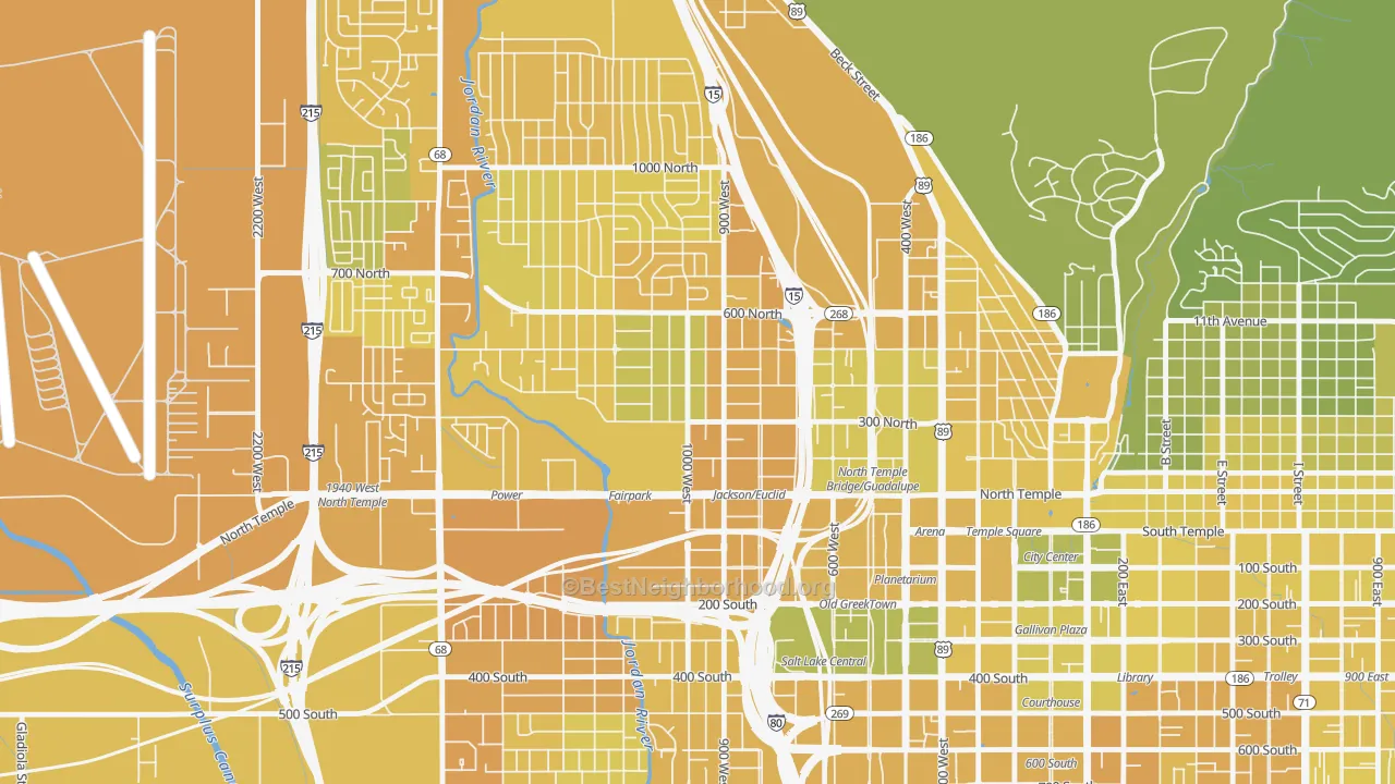 Map of the best neighborhoods in the Fairpark, Salt Lake City area, with better matches in green and worse matches in red
