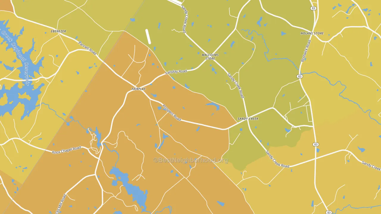 Map of the best neighborhoods in the Fairplay area, with better matches in green and worse matches in red