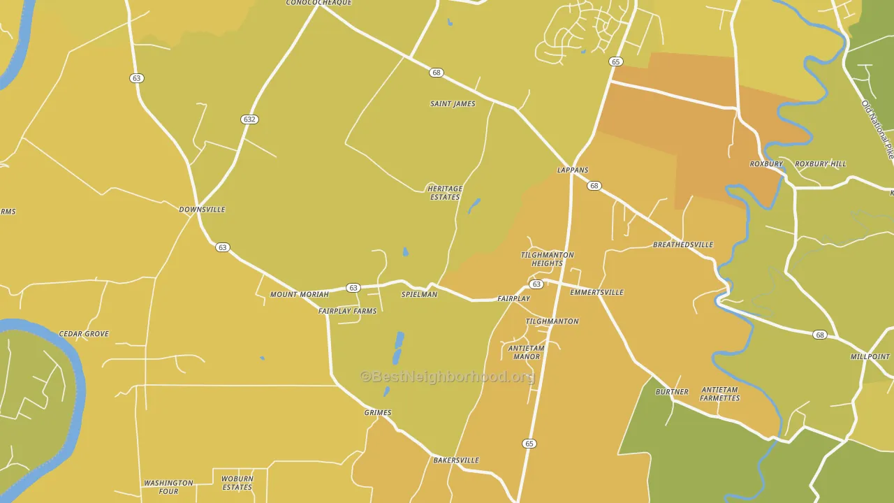 Map of the best neighborhoods in the Fairplay area, with better matches in green and worse matches in red