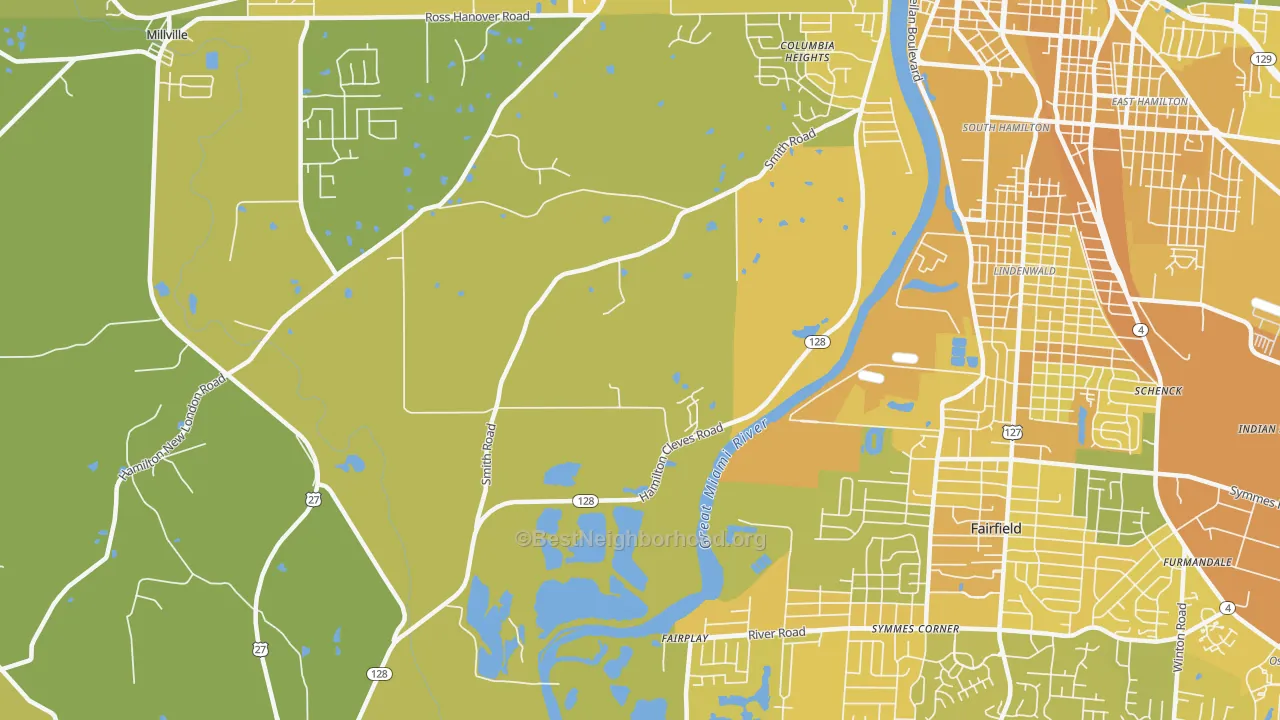 Map of the best neighborhoods in the Fairplay area, with better matches in green and worse matches in red