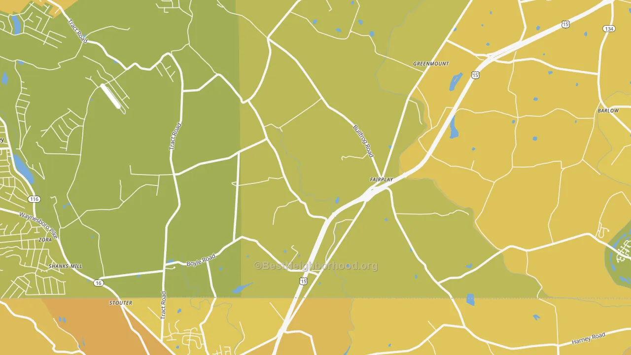 Map of the best neighborhoods in the Fairplay area, with better matches in green and worse matches in red