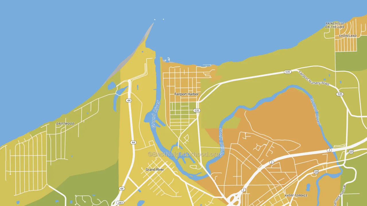 Map of the best neighborhoods in the Fairport Harbor area, with better matches in green and worse matches in red