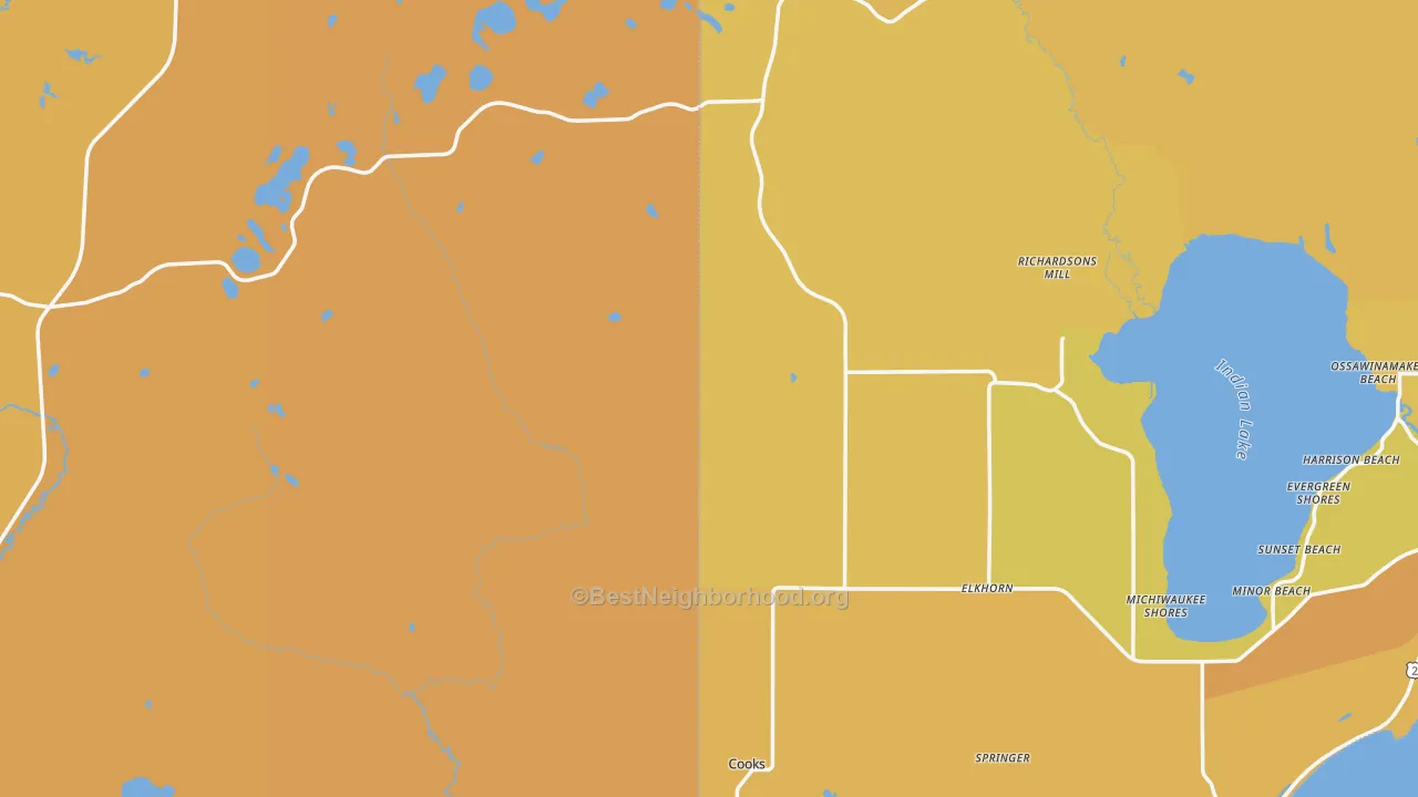 Map of the best neighborhoods in the Fairport area, with better matches in green and worse matches in red