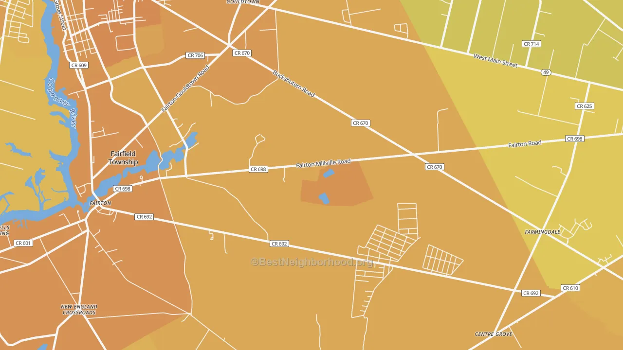 Map of the best neighborhoods in the Fairton area, with better matches in green and worse matches in red
