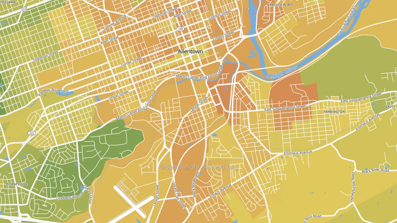 Map of the best neighborhoods in the Fairview, Allentown area, with better matches in green and worse matches in red