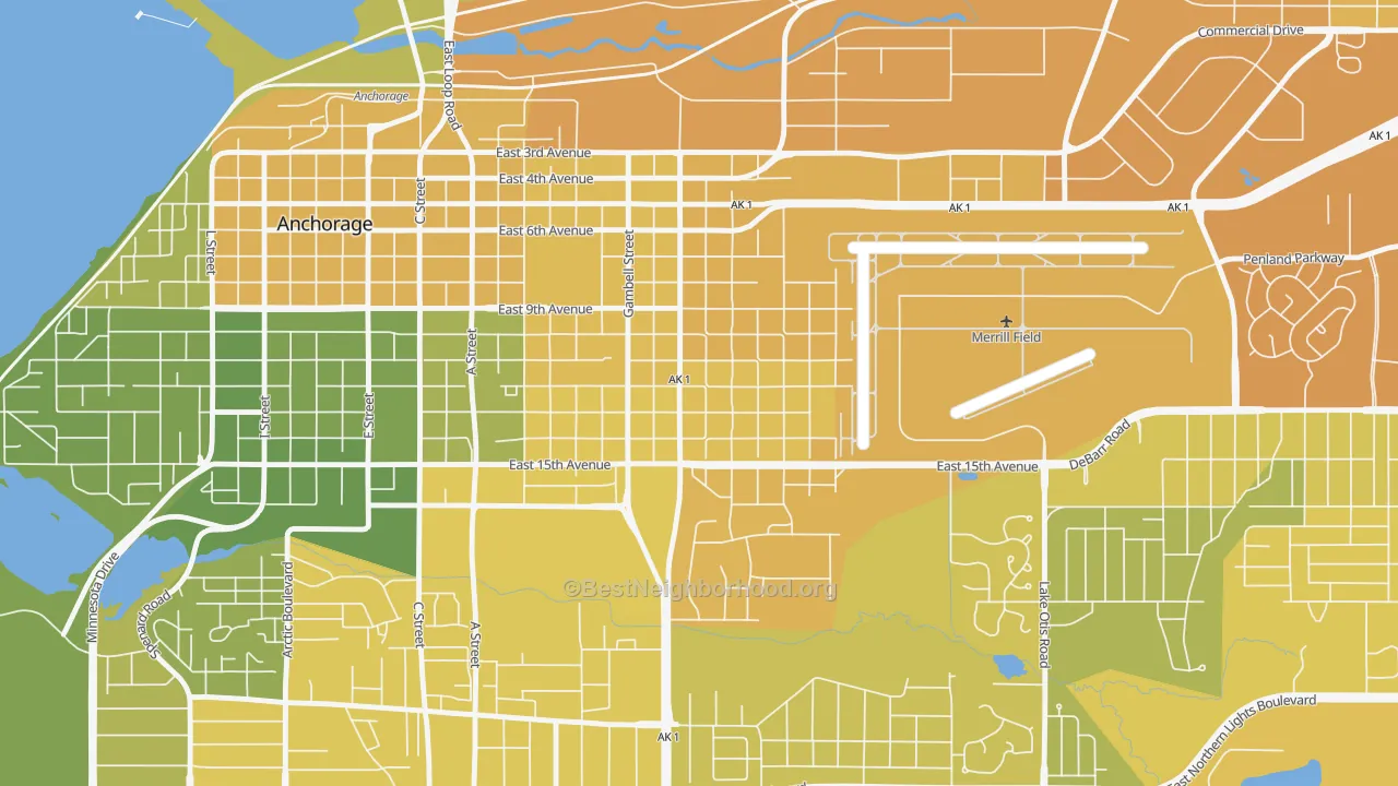 Map of the best neighborhoods in the Fairview, Anchorage area, with better matches in green and worse matches in red