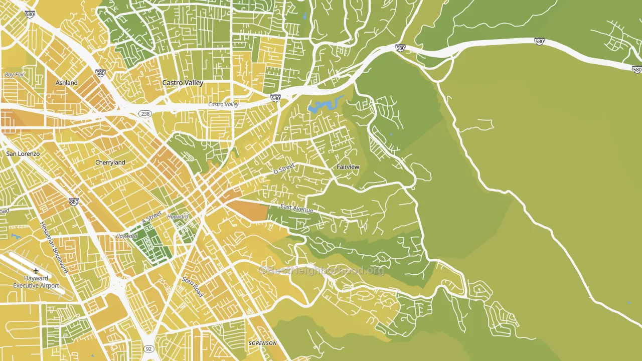 Map of the best neighborhoods in the Fairview area, with better matches in green and worse matches in red