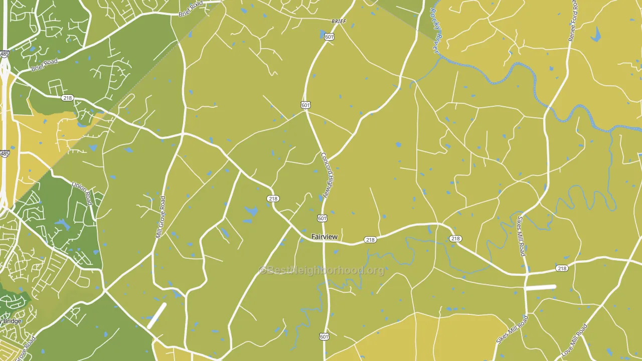 Map of the best neighborhoods in the Fairview, Charlotte area, with better matches in green and worse matches in red