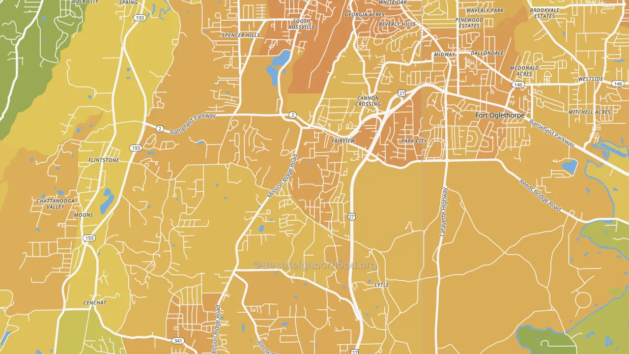 Map of the best neighborhoods in the Fairview area, with better matches in green and worse matches in red