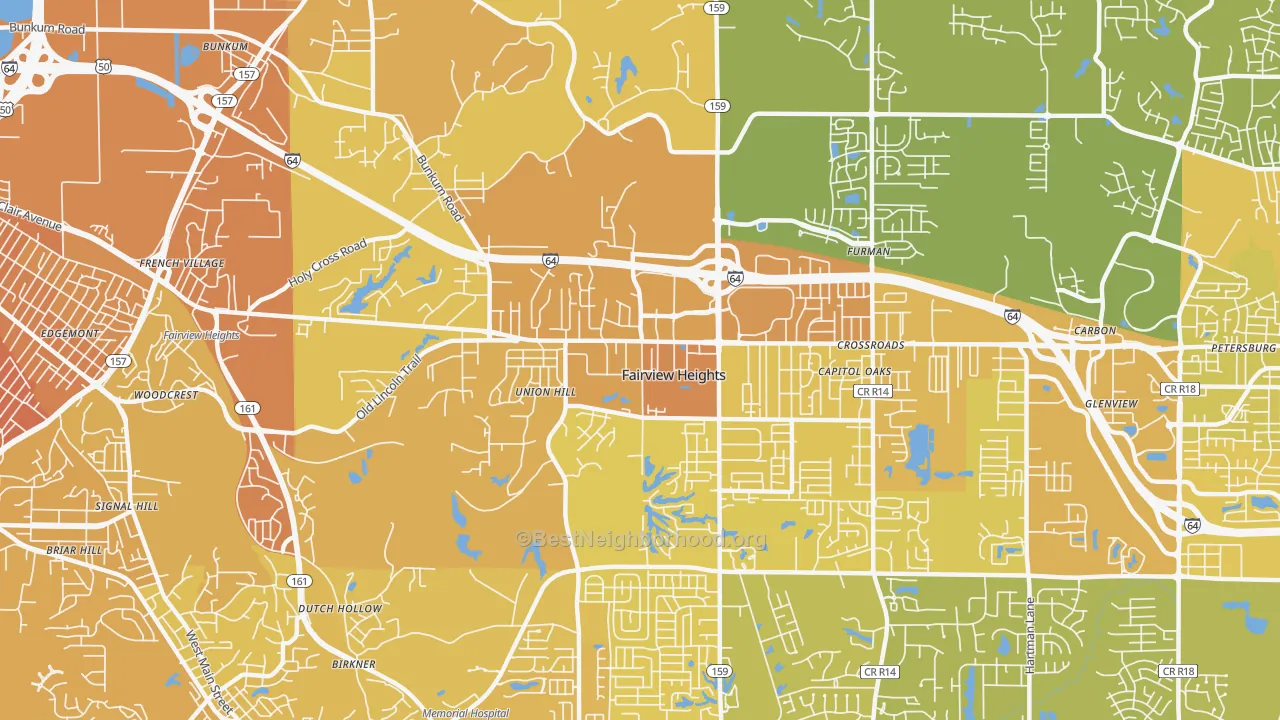 Map of the best neighborhoods in the Fairview Heights area, with better matches in green and worse matches in red