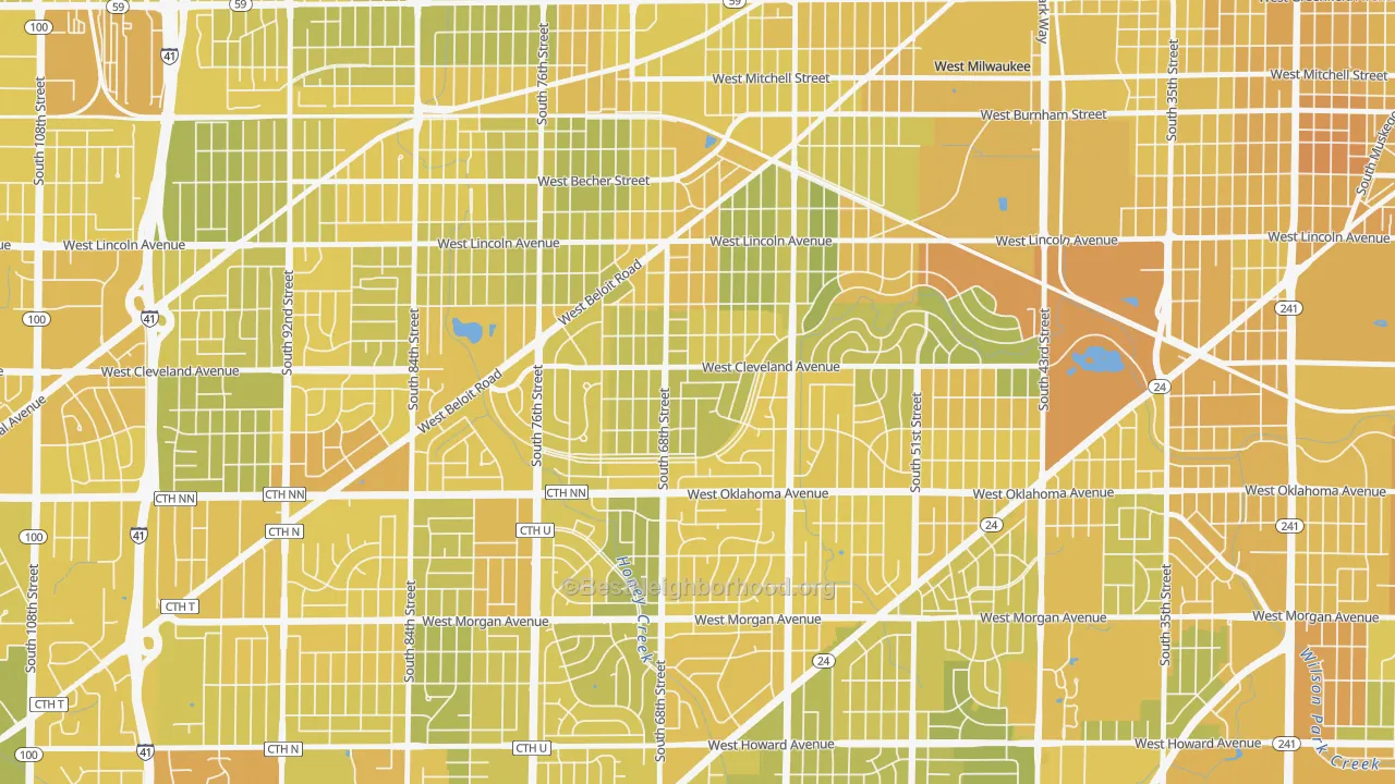 Map of the best neighborhoods in the Fairview, Milwaukee area, with better matches in green and worse matches in red