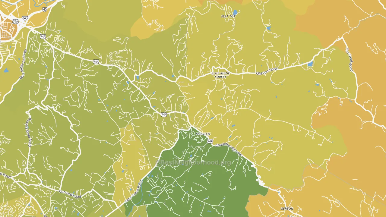 Map of the best neighborhoods in the Fairview area, with better matches in green and worse matches in red