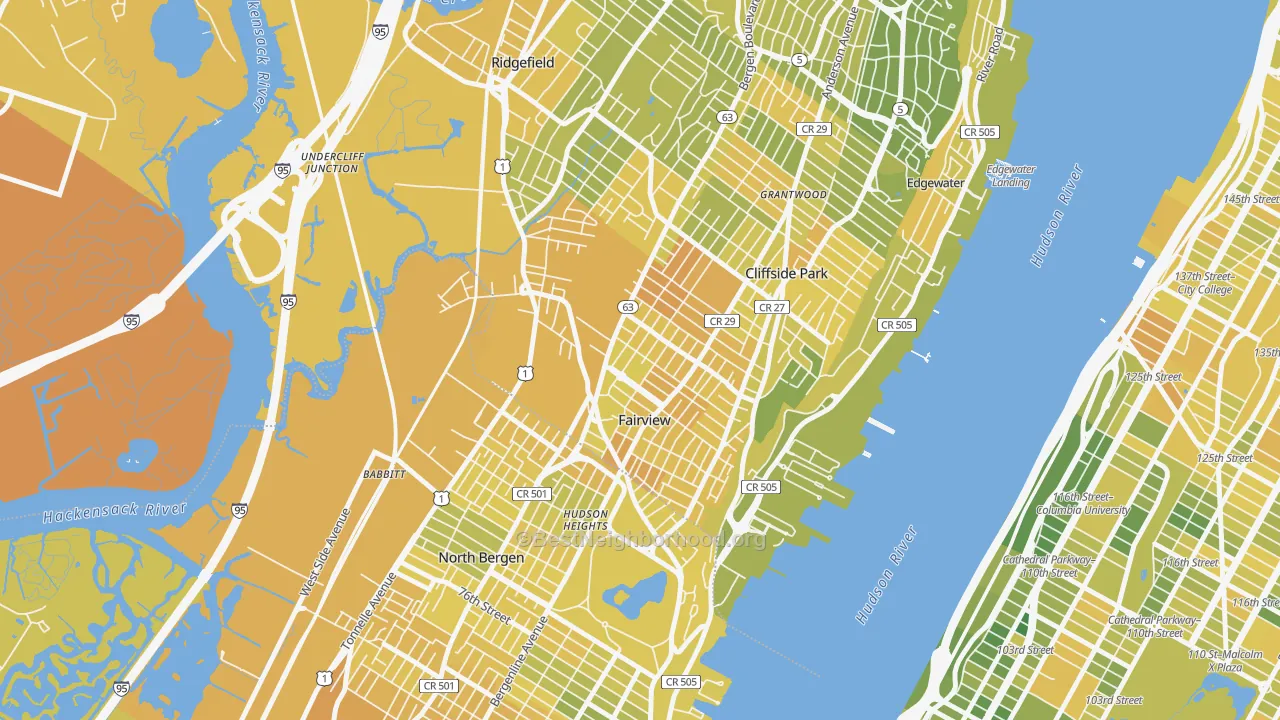 Map of the best neighborhoods in the Fairview area, with better matches in green and worse matches in red