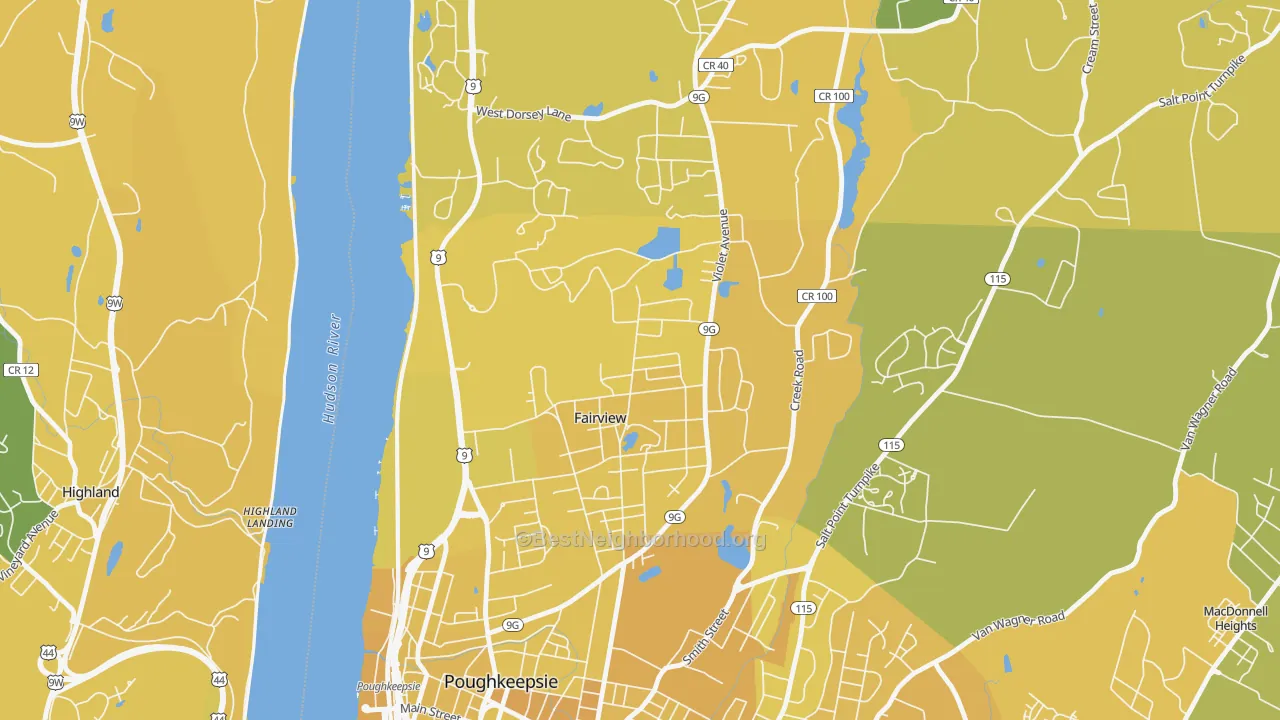 Map of the best neighborhoods in the Fairview area, with better matches in green and worse matches in red