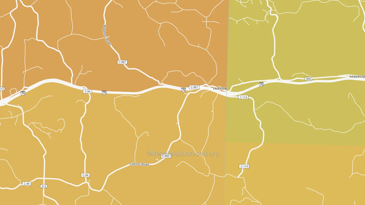 Map of the best neighborhoods in the Fairview area, with better matches in green and worse matches in red